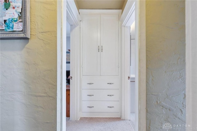 corridor featuring light colored carpet