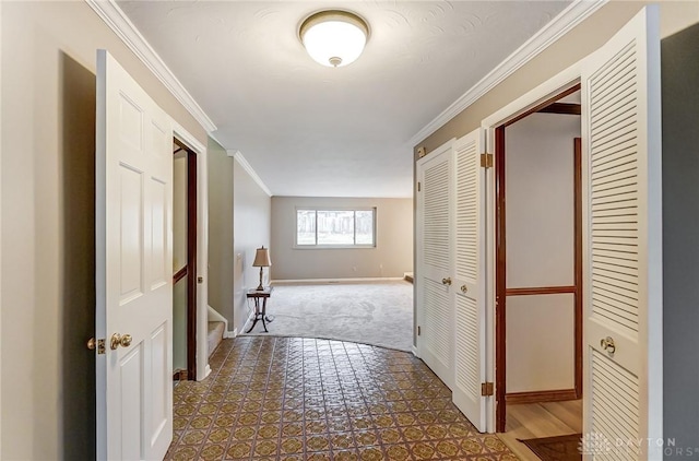 hallway featuring ornamental molding