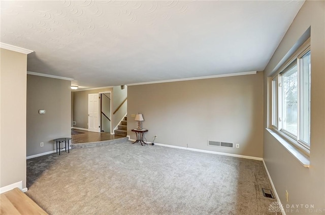 carpeted spare room featuring ornamental molding