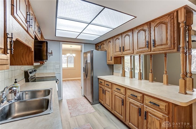 kitchen with sink, light hardwood / wood-style flooring, appliances with stainless steel finishes, backsplash, and decorative light fixtures