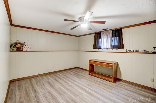 unfurnished room with ornamental molding, ceiling fan, and light hardwood / wood-style floors