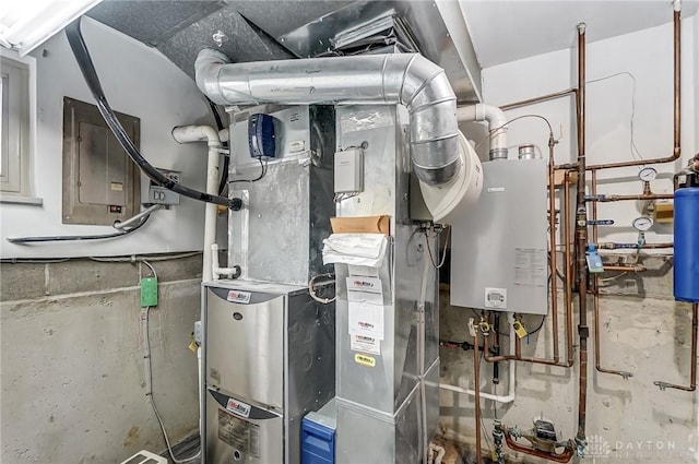 utility room with tankless water heater