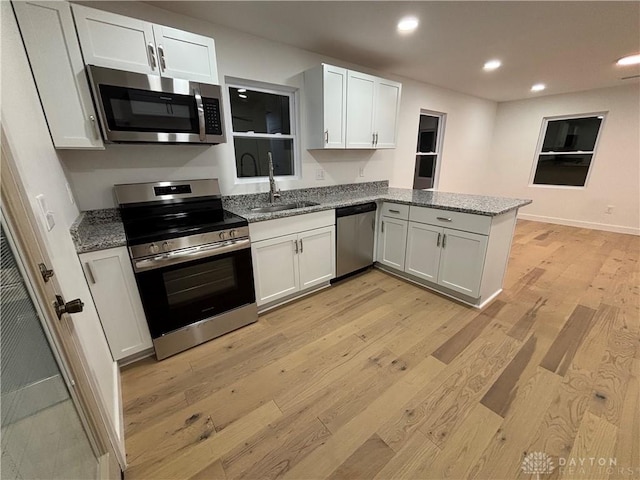 kitchen with sink, light stone counters, appliances with stainless steel finishes, kitchen peninsula, and white cabinets