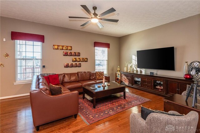 living room with ceiling fan, wood-type flooring, and a textured ceiling