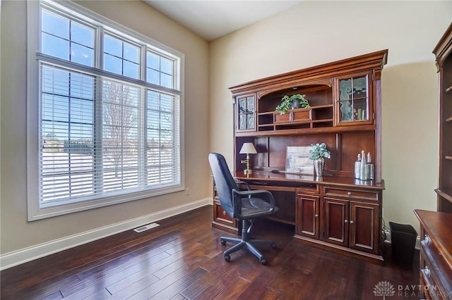 home office featuring dark hardwood / wood-style flooring and a wealth of natural light