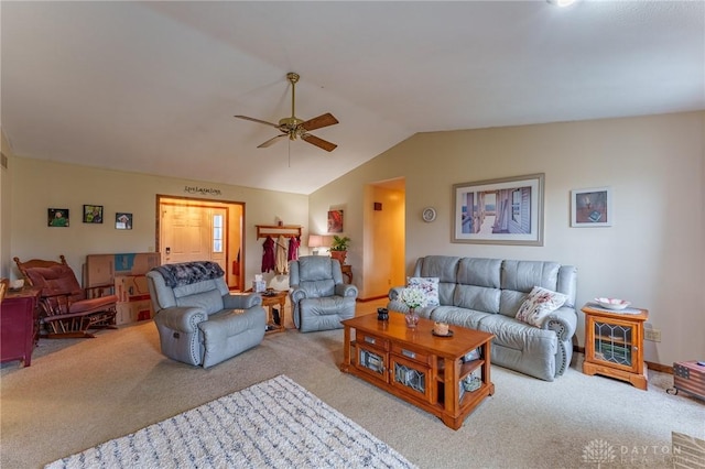 carpeted living room featuring lofted ceiling and ceiling fan