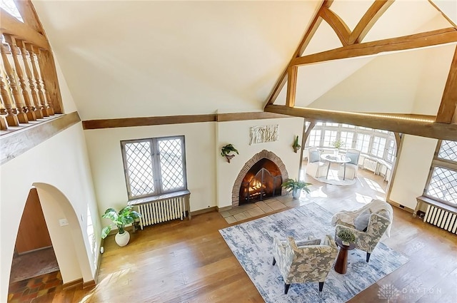 living room featuring radiator heating unit, high vaulted ceiling, wood-type flooring, and a wealth of natural light