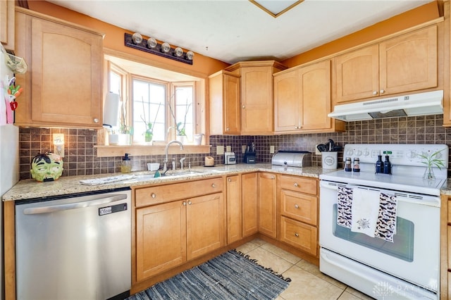 kitchen with tasteful backsplash, dishwasher, light tile patterned floors, and white range with electric cooktop