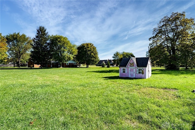 view of yard with a storage unit