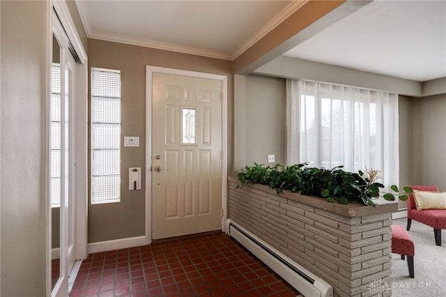 entryway featuring crown molding, plenty of natural light, and baseboard heating