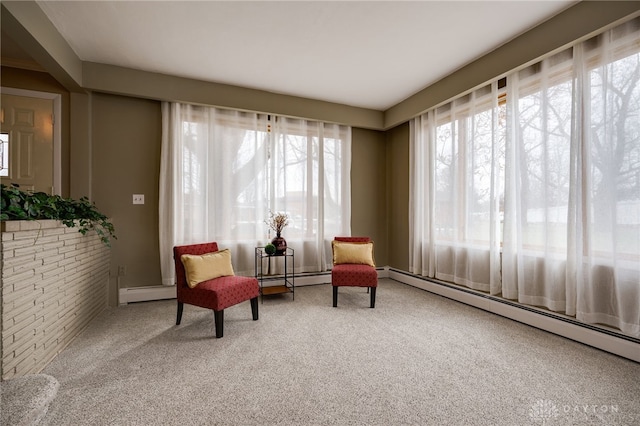 sitting room with baseboard heating and carpet floors