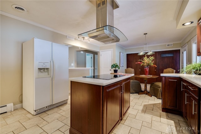 kitchen featuring decorative light fixtures, black electric cooktop, a kitchen island, white fridge with ice dispenser, and island exhaust hood