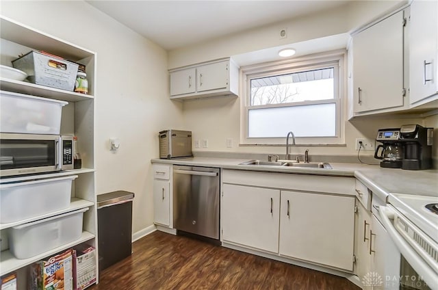 kitchen featuring dark wood-type flooring, stainless steel appliances, sink, and white cabinets