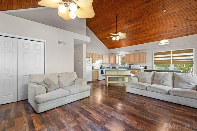 living room with dark hardwood / wood-style flooring, wood ceiling, high vaulted ceiling, and ceiling fan