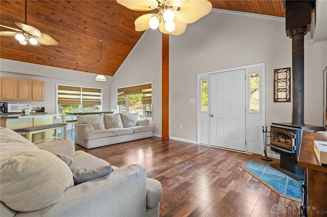 living room with a wood stove, dark wood-type flooring, wooden ceiling, and ceiling fan