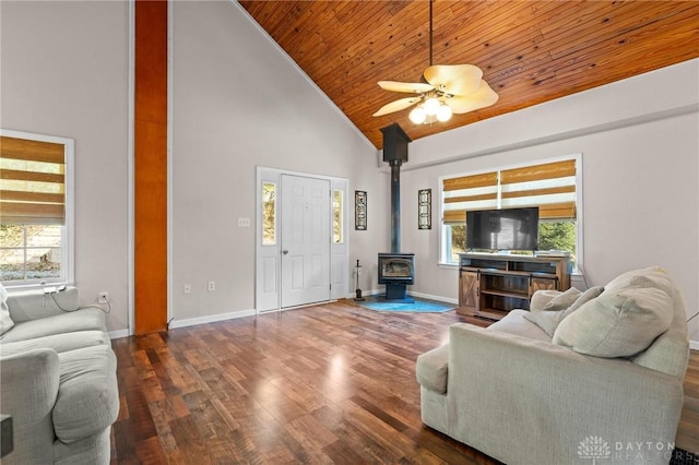 living room with wood ceiling, hardwood / wood-style flooring, plenty of natural light, high vaulted ceiling, and a wood stove