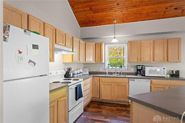 kitchen featuring wood ceiling, white appliances, decorative light fixtures, and light brown cabinets