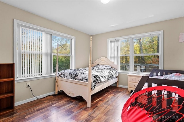 bedroom featuring dark hardwood / wood-style floors and multiple windows