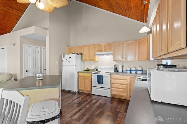 kitchen featuring wooden ceiling, pendant lighting, light brown cabinetry, and white appliances