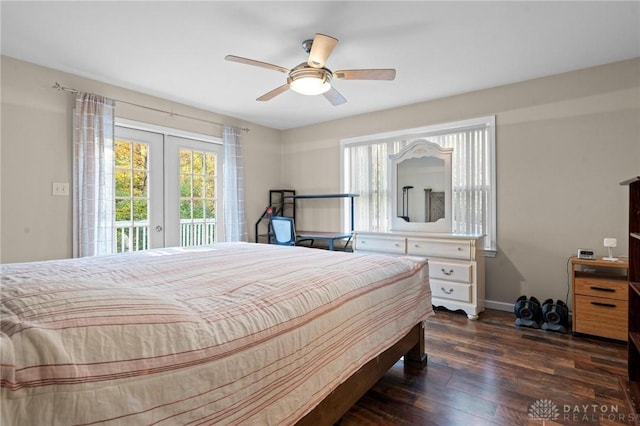 bedroom featuring french doors, ceiling fan, dark hardwood / wood-style floors, and access to outside