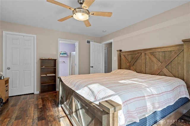 bedroom with ceiling fan and dark hardwood / wood-style flooring