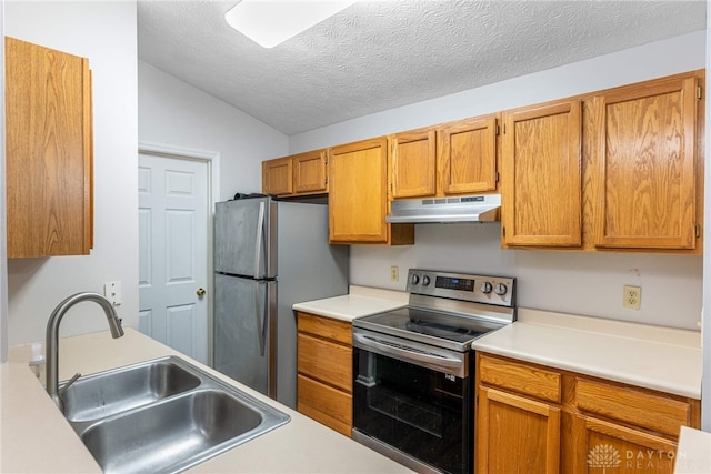 kitchen with appliances with stainless steel finishes, sink, lofted ceiling, and a textured ceiling