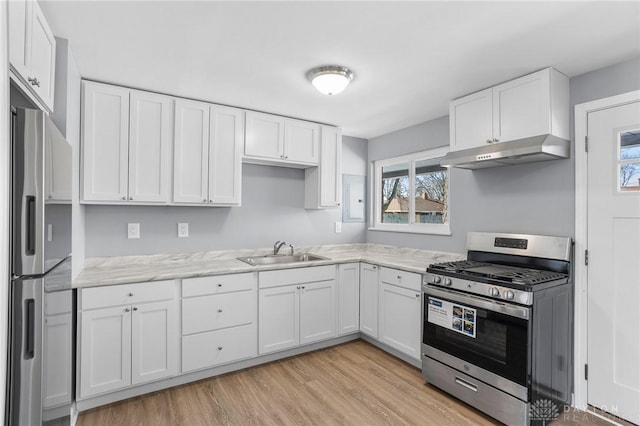 kitchen featuring white cabinetry, sink, stainless steel appliances, and light wood-type flooring