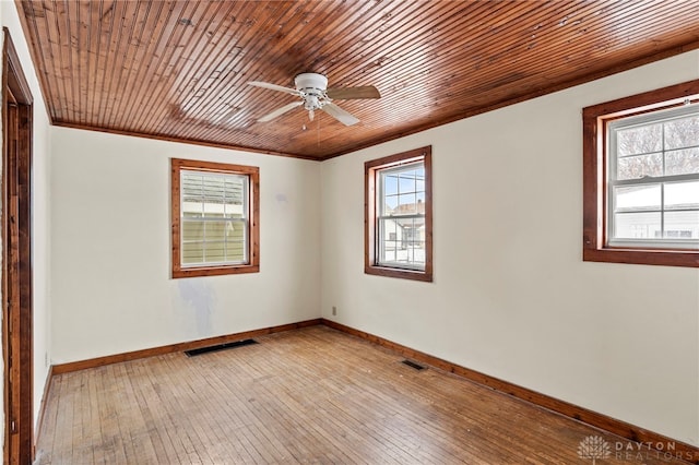 empty room featuring wood ceiling, ceiling fan, and light wood-type flooring