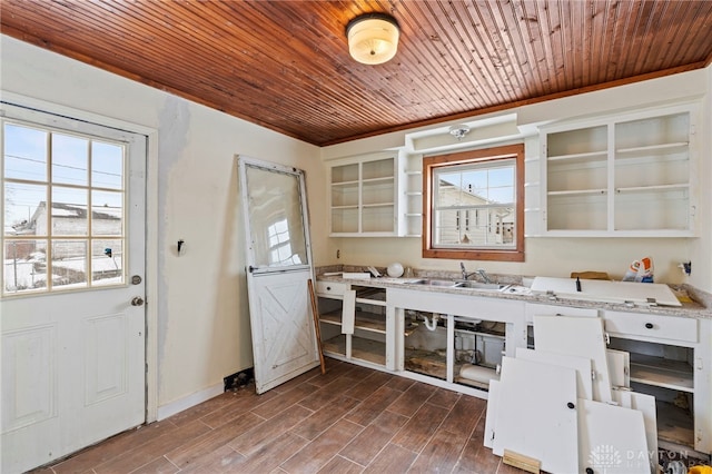 kitchen featuring white cabinetry, sink, and wooden ceiling