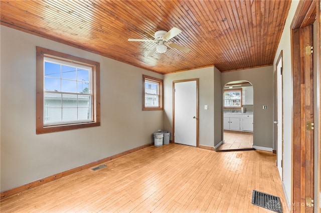 700 James St, Springfield, OH 45503 - spare room featuring arched walkways, a ceiling fan, healthy amount of natural light, light wood-type flooring, and wood ceiling