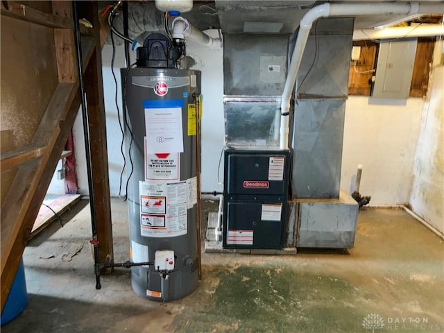 utilities featuring water heater, heating unit, and electric panel