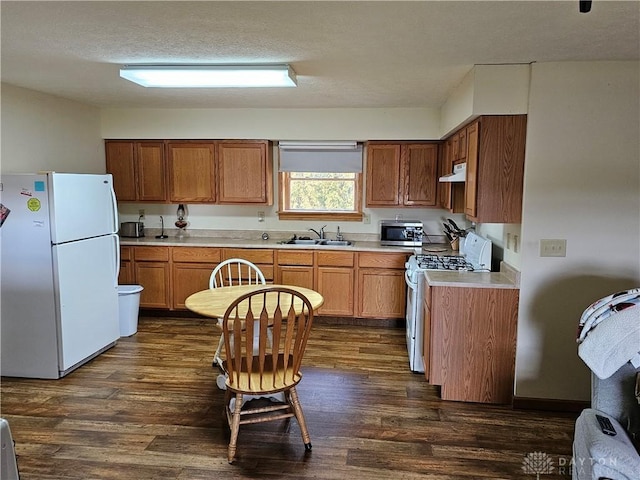 kitchen featuring sink, white appliances, dark wood-type flooring, and a textured ceiling