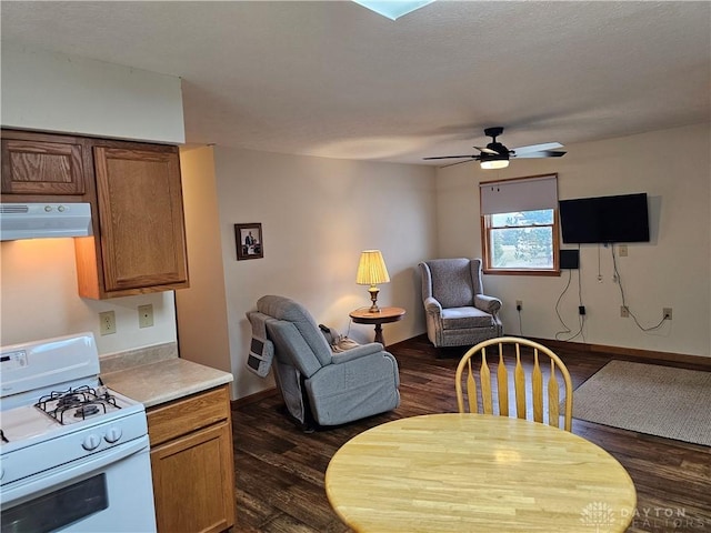 living room with dark wood-type flooring and ceiling fan