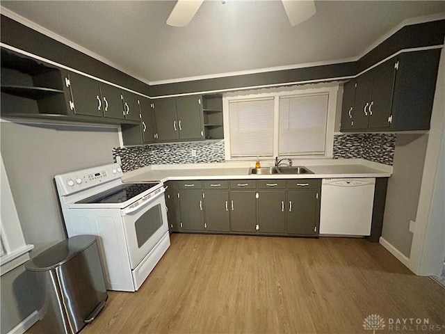 kitchen with sink, tasteful backsplash, white appliances, light hardwood / wood-style flooring, and ceiling fan