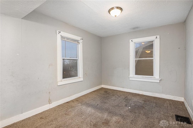 spare room featuring carpet floors and a textured ceiling