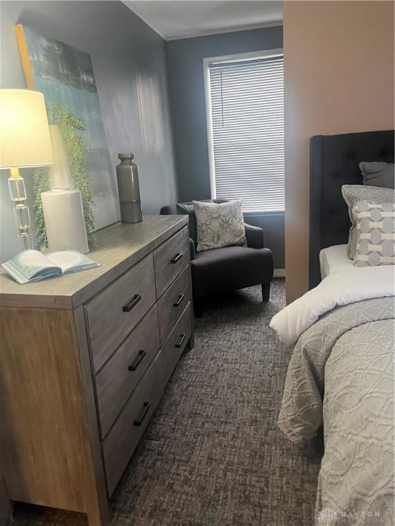 bedroom featuring dark colored carpet