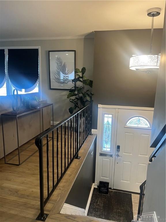 entrance foyer featuring hardwood / wood-style floors and crown molding