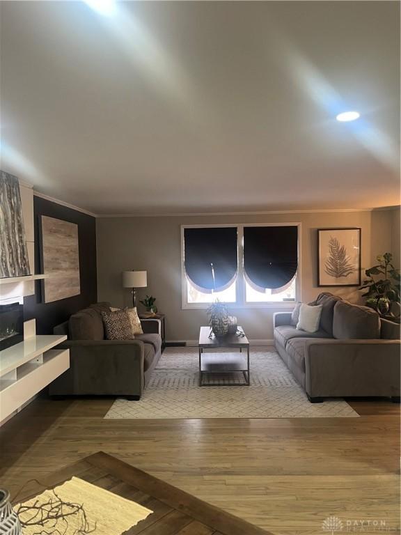 living room featuring hardwood / wood-style flooring and crown molding