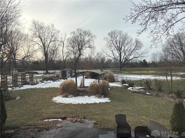 snowy yard with a storage shed and an outbuilding