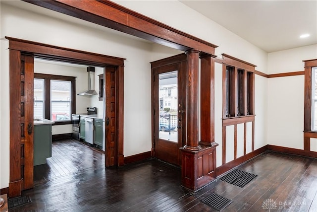 interior space with dark wood-type flooring