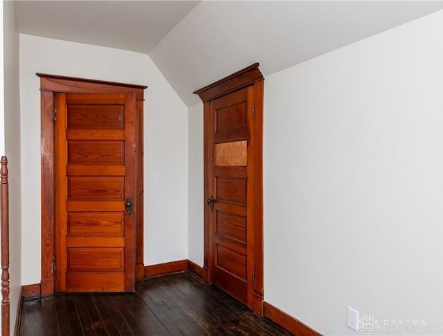 hall featuring dark wood-type flooring and lofted ceiling