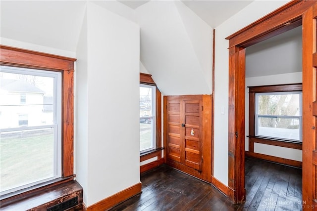 hallway featuring lofted ceiling, dark hardwood / wood-style floors, and a wealth of natural light