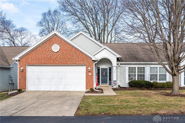 ranch-style house with a garage and a front lawn