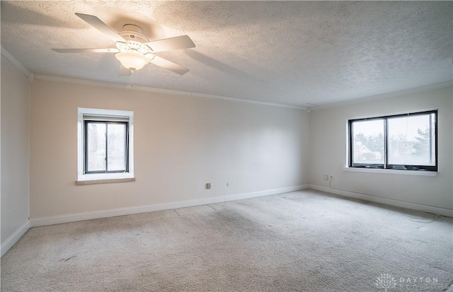 spare room with crown molding, plenty of natural light, light carpet, and a textured ceiling