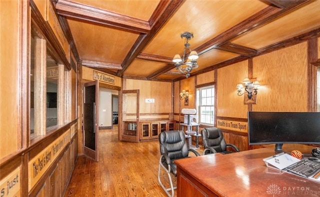 office with coffered ceiling, hardwood / wood-style flooring, wooden walls, and beamed ceiling