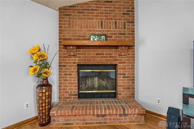 details with hardwood / wood-style flooring and a fireplace