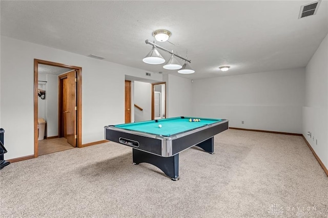 game room featuring light colored carpet and pool table