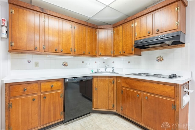 kitchen with white electric cooktop, sink, black dishwasher, and backsplash