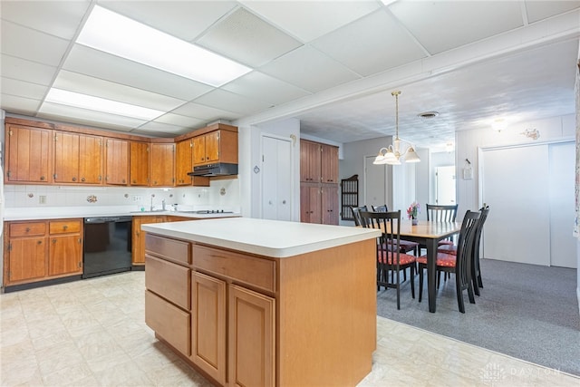 kitchen with decorative light fixtures, a chandelier, a kitchen island, black dishwasher, and white stovetop