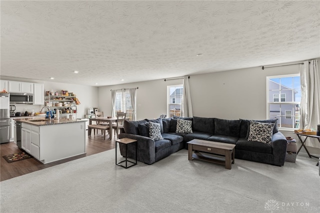 living room featuring sink, a textured ceiling, and light wood-type flooring